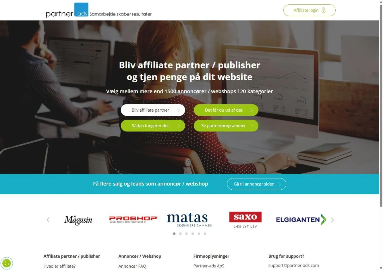 Partner-ads’ forside med knapperne “Bliv affiliate partner”, “Det får du ud af det”, “Sådan fungerer det” og “Se partnerprogrammer”