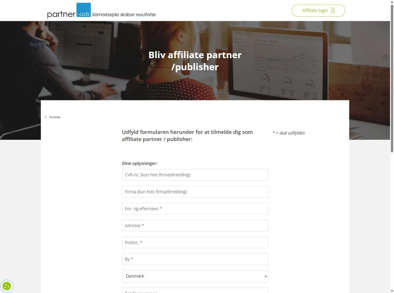 Toppen af Partner-ads’ tilmeldingsformular med felterne CVR-nr., Firma, For- og efternavn, Adresse, Postnr., By og land