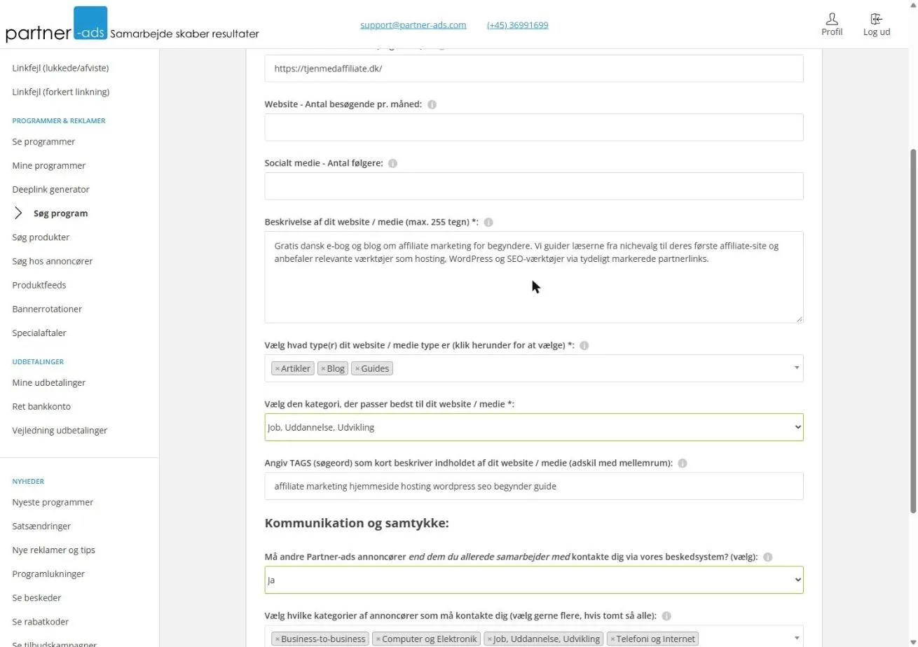 Den udfyldte website-formular for tjenmedaffiliate.dk med beskrivelse, typerne Artikler, Blog og Guides og kategorien Job, Uddannelse, Udvikling