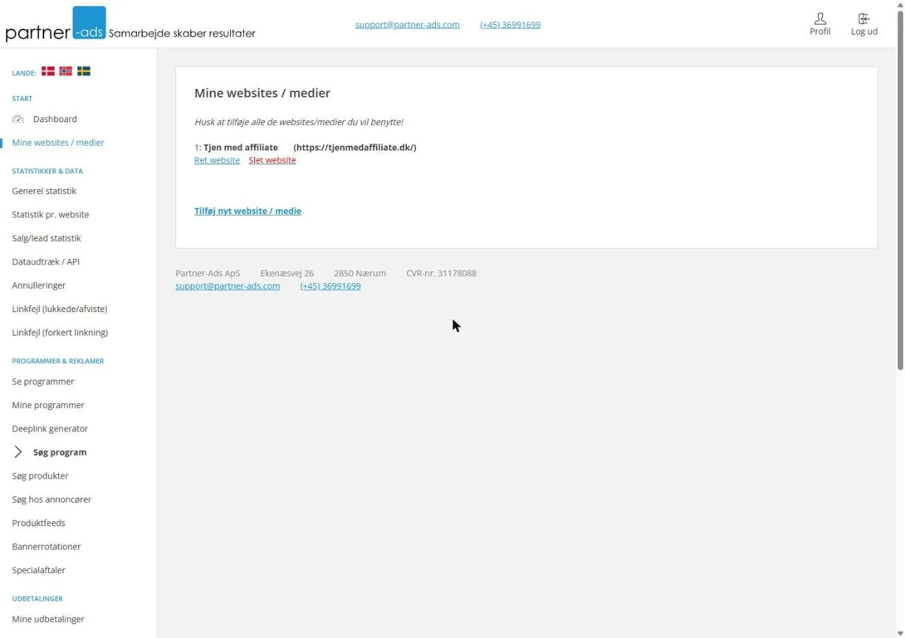 Siden “Mine websites / medier” med tjenmedaffiliate.dk på listen og linket “Tilføj nyt website / medie”