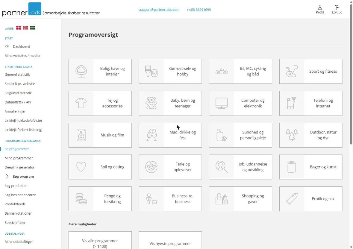 Partner-ads’ programoversigt med 20 kategorier som Bolig, have og interiør, Sport og fitness, Sundhed og personlig pleje og Business-to-business