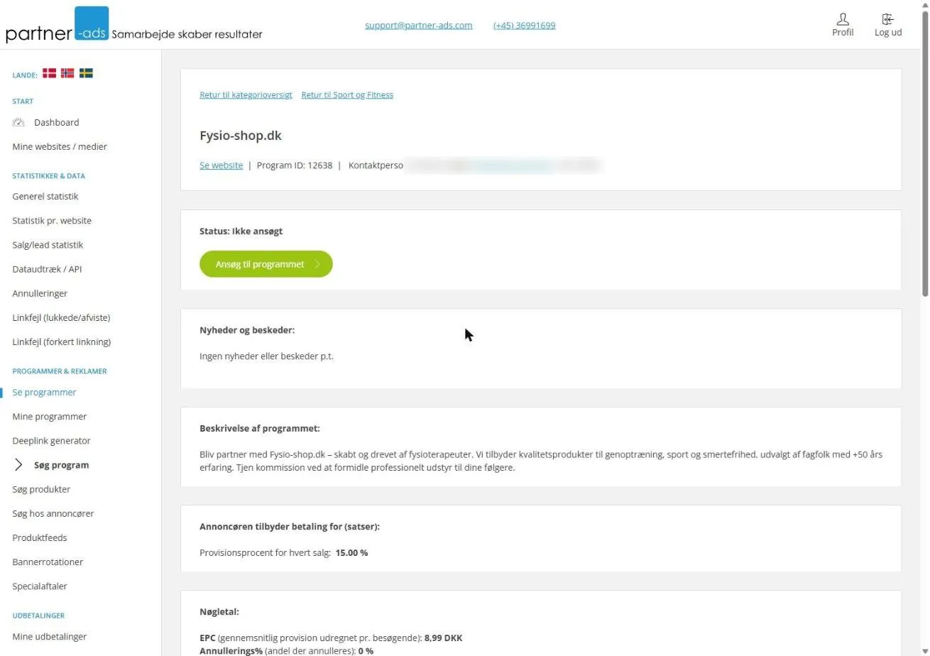 Programsiden for Fysio-shop.dk med status, beskrivelse, 15 procent provision og nøgletal for EPC og annullering. Kontaktoplysninger er sløret