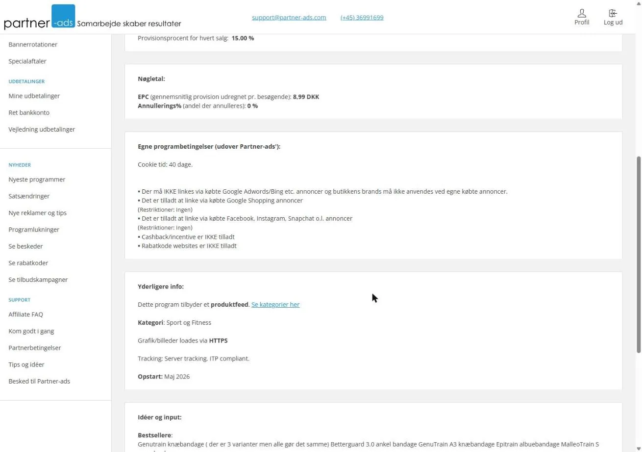 Programbetingelser med cookie-tid på 40 dage, regler for Google-, Shopping- og Facebook-annoncer, forbud mod cashback og rabatkodesites samt server tracking