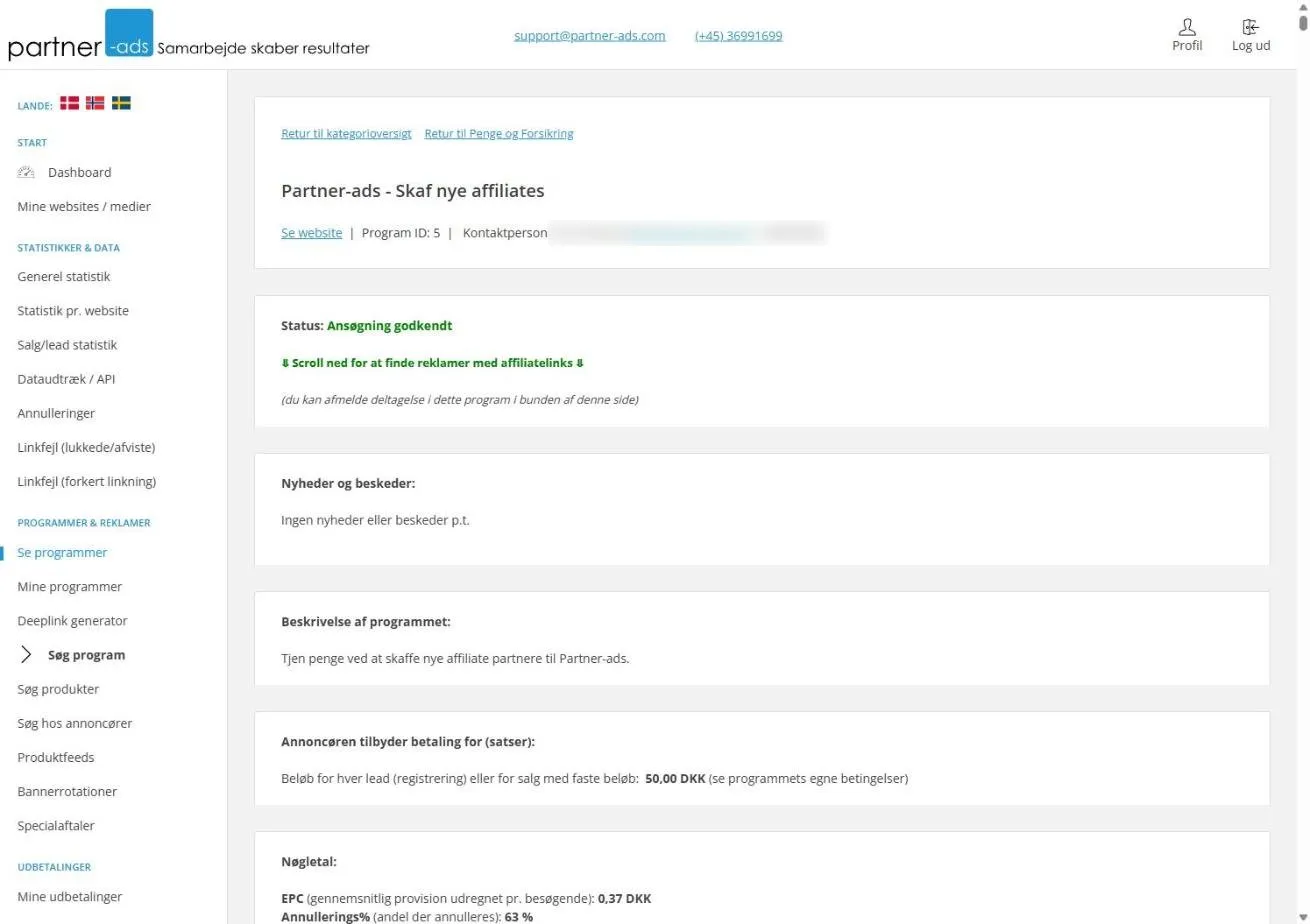 Programsiden for “Partner-ads – Skaf nye affiliates” med status “Ansøgning godkendt” og satsen 50 kr. pr. lead. Kontaktoplysninger er sløret