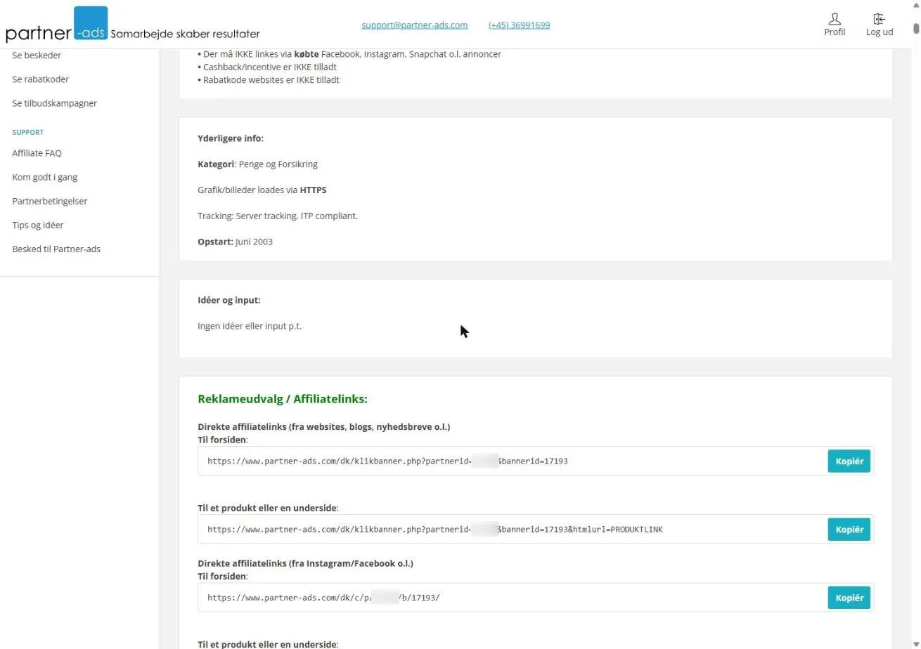 Reklameudvalget med direkte affiliatelinks til websites og til Instagram/Facebook, både til forsiden og til en underside. Partner-ID er sløret