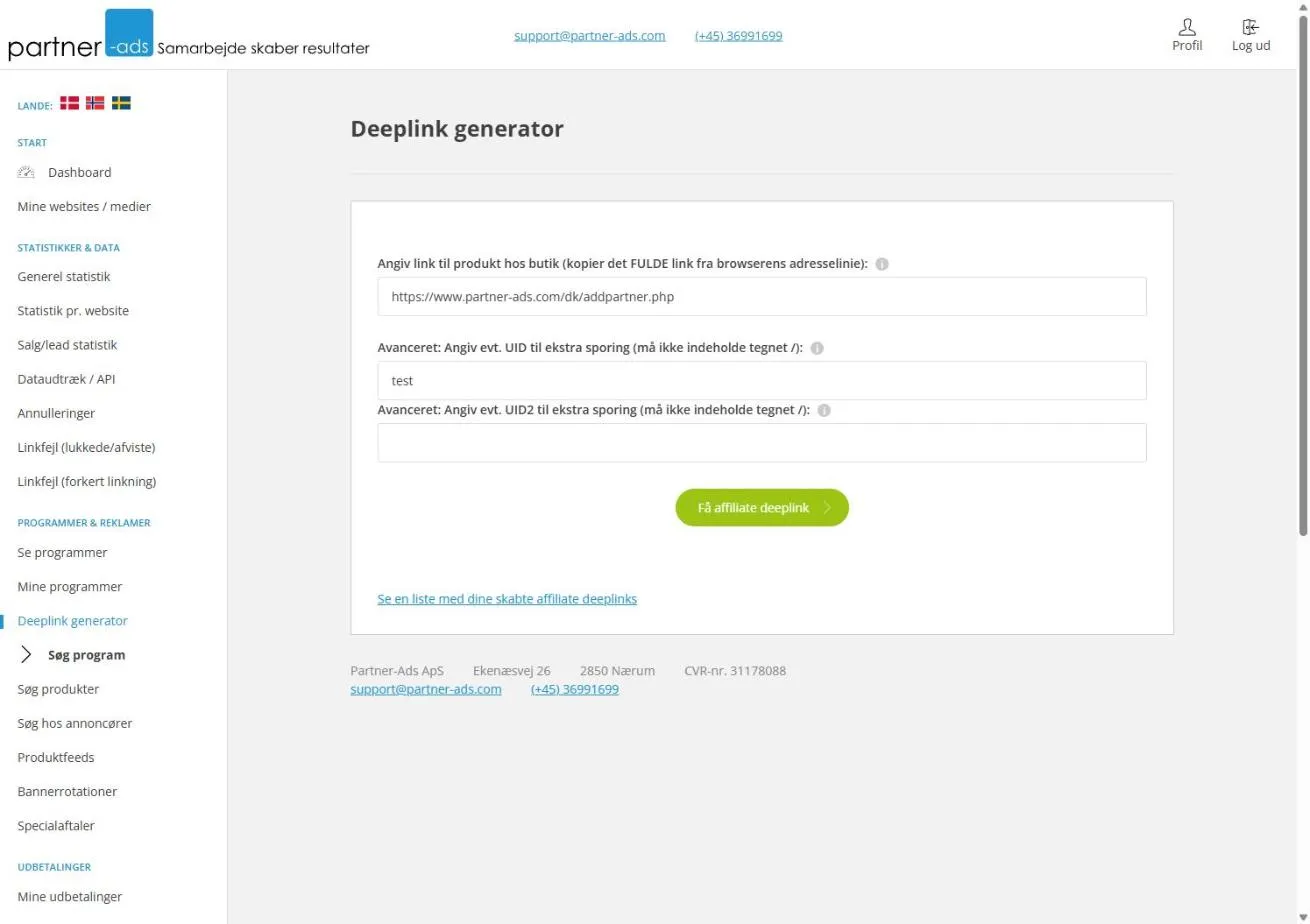 Deeplink generatoren udfyldt med en adresse og UID’et “test”